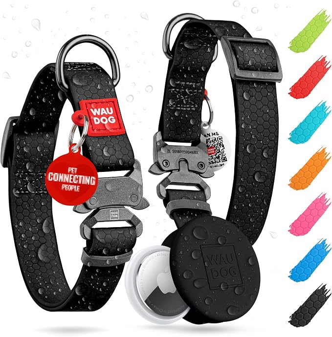 WAUDOG Waterproof Dog Collar Airtag Holder QR Tag Small Medium Large Dogs | Water and Dirt Resistant, Quick Dry QR Pet Tag Adjustable Durable Comfort for Male and Female Dogs Outdoor Walking Training