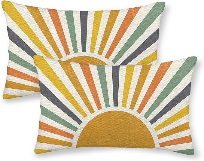 Boho Pillow Covers 12x20 Set of 2 Stripes Colorful Yellow Sunshine Decorative Pillow Cases Summer Rainbow Sun Outdoor Cushion Cover Cute Farmhouse Linen Decor Throw Pillows for Couch Sofa