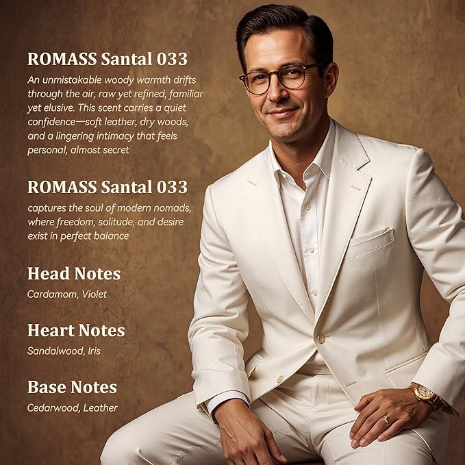 ROMASS Santal 033 Unisex EDP Parfum Spray 100ML Aromatic Woody Fragrance with Cardamom Violet Cedarwood Sandalwood Vetiver Musk Leather Violet