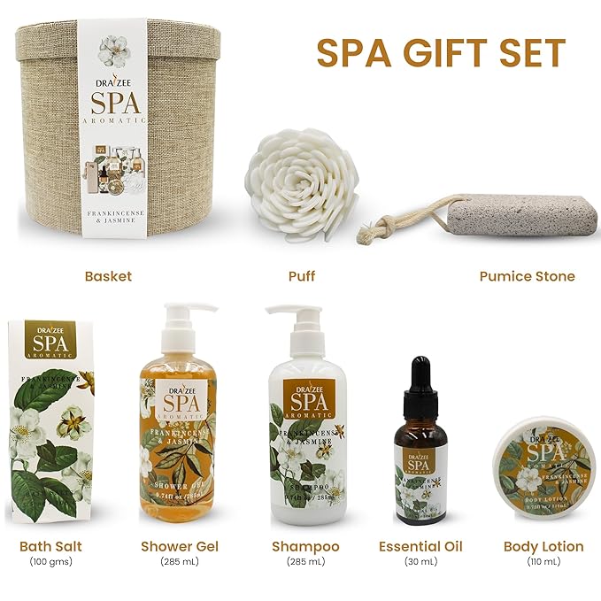 Mother’s Day Gift Baskets for Women- 9 Pcs Frankincense & Jasmine Scented Bath and Body Spa Self Care Kit, Relaxing Bath and Body Set, Home Spa Gifts for Her by Draizee