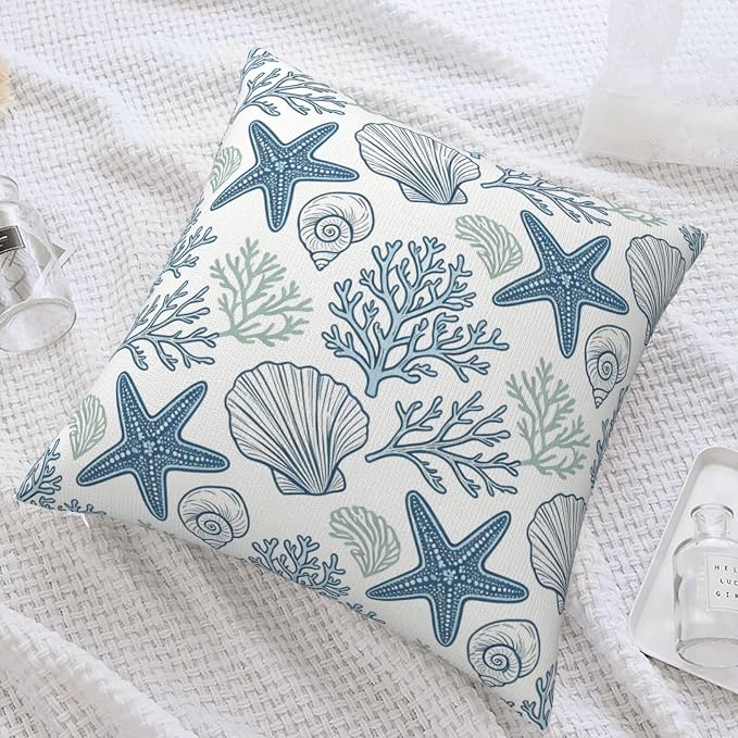 Coastal Starfish Shell Throw Pillow Covers 18x18 Set of 2 Nautical Beach Square Cushion Cases