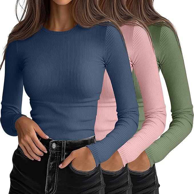 Ficerd 3 Pack Women's Ribbed Long Sleeve Tops, Crew Neck Slim Fit Undershirts Knit Basic Casual Stretch Layering Tee Shirts
