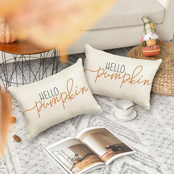 RABUSOFA Fall Pillow Covers 12x20 Inch,Autumn Hello Pumpkin Pillows Decorative Throw Pillows,Lumbar Outdoor Thanksgiving Cushion Cover Farmhosue Fall Decor for Bedroom Couch Sofa White
