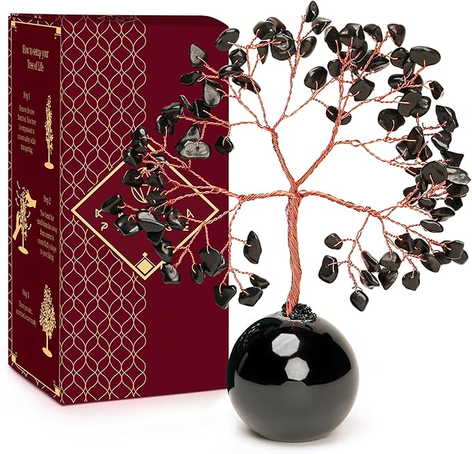 Black Obsidian Crystal Tree of Life Birthday Gifts for Women, Handmade Home Decor, Office, Room Decoration, Reiki Healing Crystal Chakra Tree for Money, Positivity, Good Luck Gifts for Her, Mom & Dad