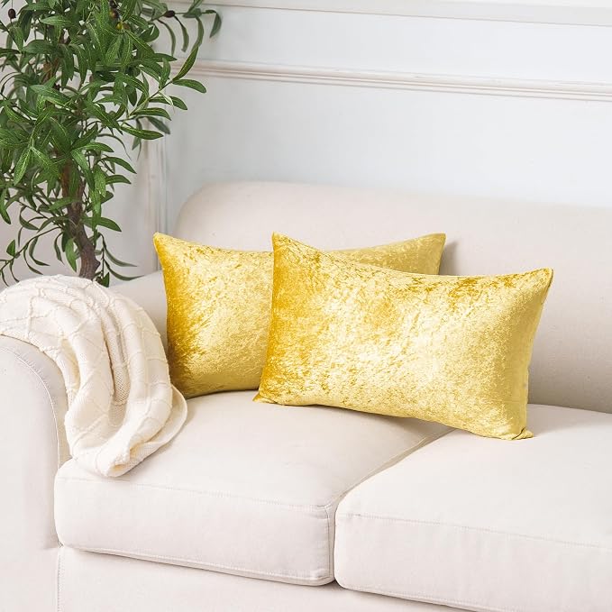 NiNi ALL Gold Velvet Throw Pillow Covers 12x20 Pack of 2 Decorative Couch | Soft Solid Boho Cushion Squar Pillow Cases for Chair Sofa Bedroom Farmhouse Living room Modern Luxury Home Decor Christmas