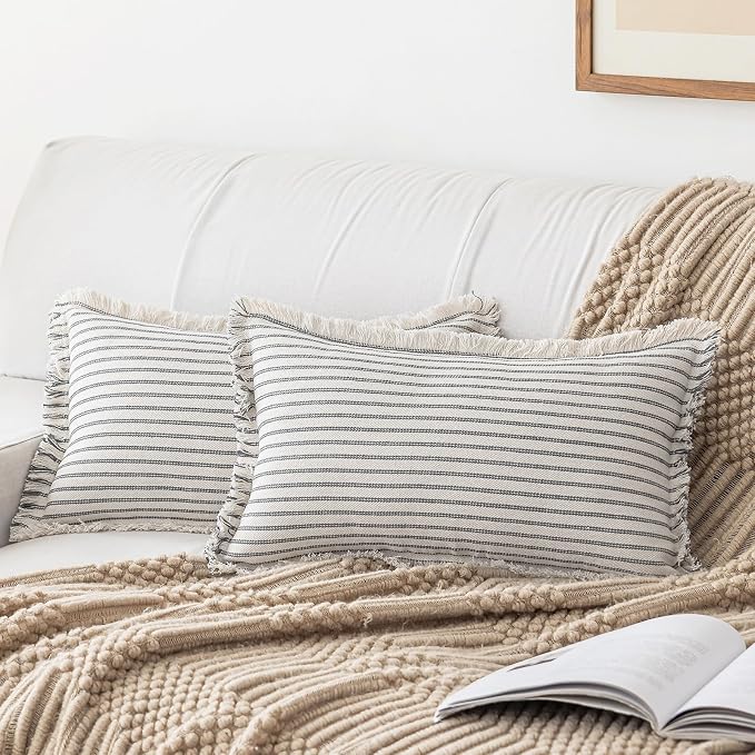 YEENAASY Throw Pillow Covers 12x20 Boho Striped Pillow Cases with Tassel | Set of 2 Fringe Pillow Cover Farmhouse Cushion Covers Neutral Pillows Decorative Lumbar Pillowcase for Couch Sofa Bed, Grey