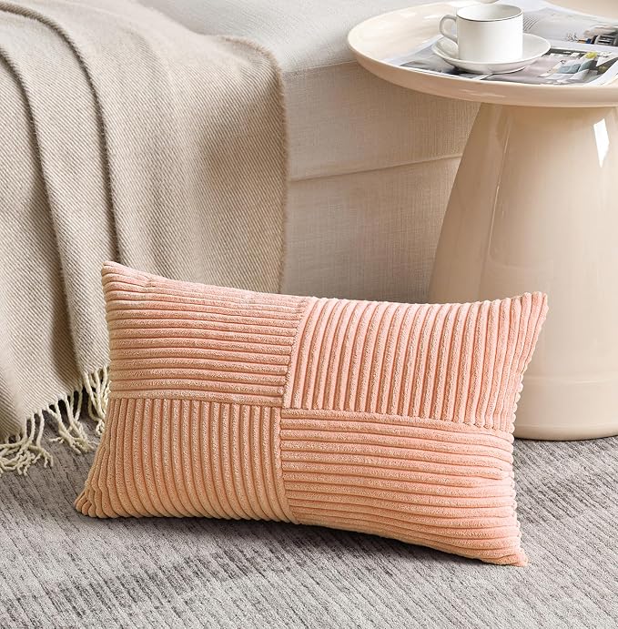 Fancy Homi 2 Packs Peach Lumbar Decorative Throw Pillow Covers 16x28 Inch for Living Room Couch Bed Sofa, Rustic Farmhouse Boho Home Decor, Soft Striped Corduroy Rectangle Accent Cushion Case 40x70 cm