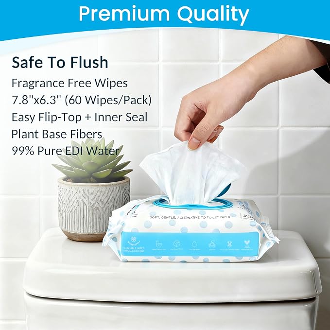 WONDERFUL Flushable Butt Wipes, Unscented 100% Plant-Based Wet Wipes for Adults & Kids, Sewer & Septic Safe, Gentle for Sensitive Skin, Wipes Flushable Pack for Bathroom & Travel, 3-Pack (180 Count)