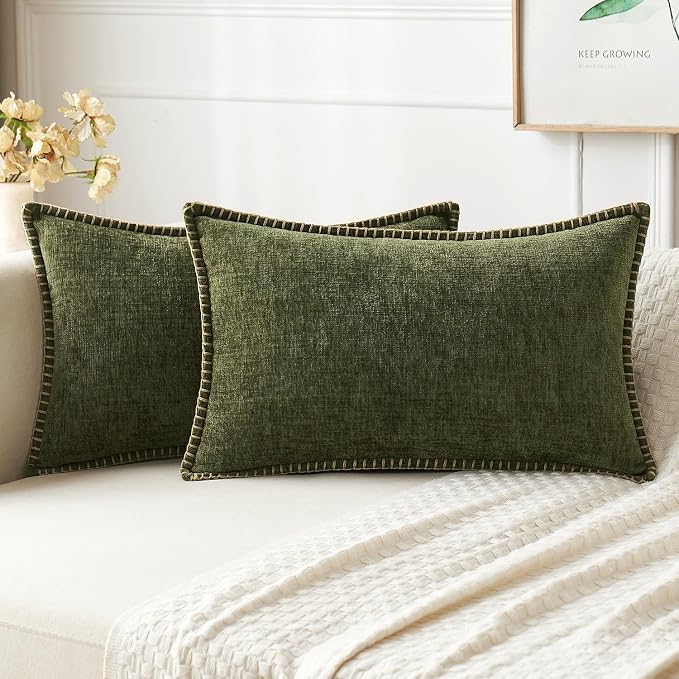 MIULEE Decorative Lumbar Throw Pillow Covers 12x20 Inch Olive Green 2 Pack | Farmhouse Pillow Covers with Stitched Edge, Soft Chenille Cushion Cases, for Couch Sofa Bed Living Room Home Decor