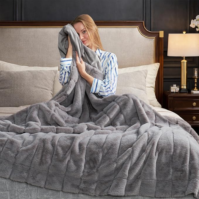 Cozy Bliss Deluxe Sheared Rabbit Faux Fur Throw Blanket, Grey 60"x80" | High-Low Sculpted, Soft Fuzzy, Plush Blanket for Couch, Cozy Home Accent, All Season Use