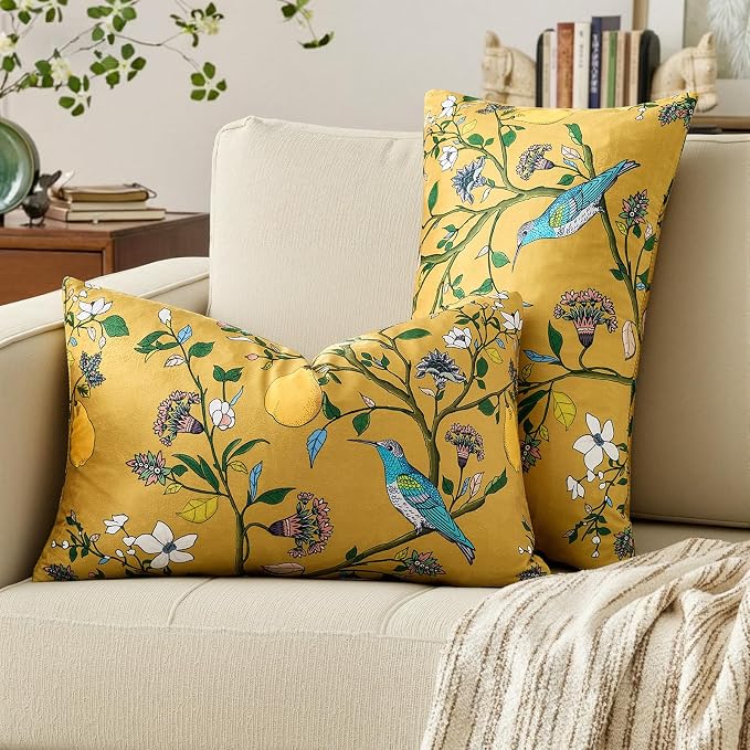 MUSSEL Yellow Velvet Floral Decorative 12x20 Lumbar Pillow Covers Set of 2 | Durable and Sturdy,Botanical Printed Pattern,Throw Pillows Case,Rectangle,Colorful Farmhouse ,Home Sofa Bed Couch Decor