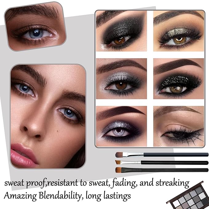 Black Grey Smoky Eyeshadow Palette,15 Colors Matte Shimmer Pigmented Eye Shadow Makeup Palette Set with 3 Eyeshadow Brushes,Glitter Eye Shadow Palette for Daily Halloween Goth Makeup(A)