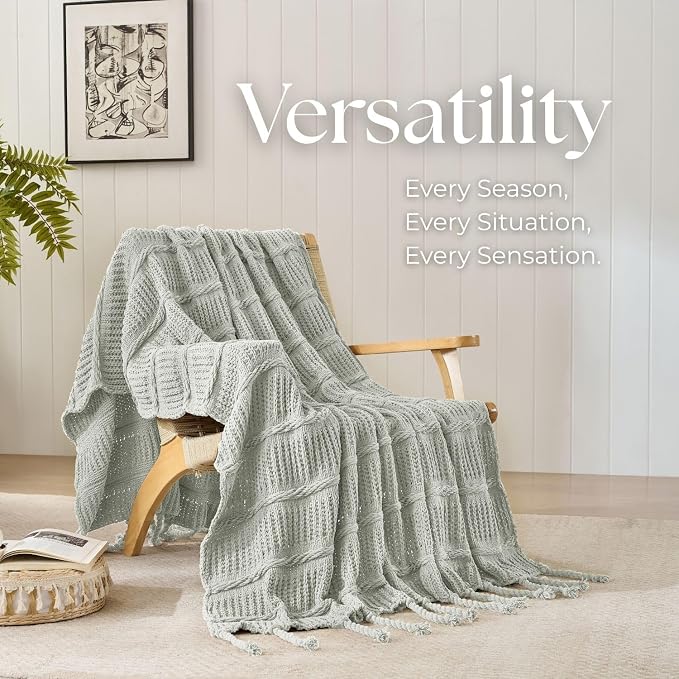 Boho Knitted Chenille Blanket with Tassels - Lightweight & Soft All-Season Throw - 3D Classic Pattern for Living Room Bedroom Couch, Silver Sage, Queen 90"x90"