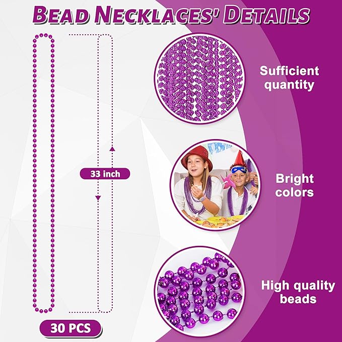 30PCS Mardi Gras Beads, Purple Beads Necklace Bulk Party Favors, 33" Necklaces Festival Parade Throw Accessories, Halloween Mardi Gras Wedding School Activities Celebrations Decorations