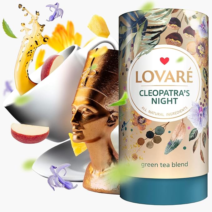 LOVARE Cleopatra’s Night Loose Leaf Tea Sampler 80 g – Made in Ukraine — Green Tea, Pineapple, Apple, Rose Buds and Petals, Calendula, Safflower, and More with 15 Paper Filters (Cleopatra’s Night)