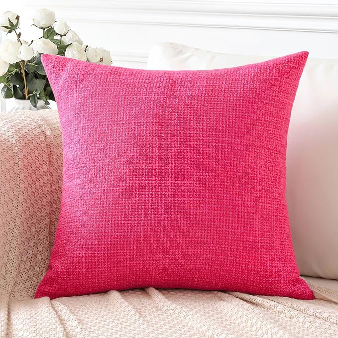 OTOSTAR Linen Throw Pillow Cover Set of 1 Decorative Square Pillowcases Cushion Covers 18x18 Inch for Home Decor Sofa Bedroom Car 45 x 45CM Hot Pink