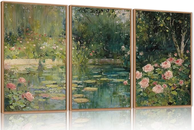 FWIEXA Monet Framed Canvas Wall Art Set, Impressionist Floral Garden Wall Decor, 3 Piece Claude Monet Botanical Artwork, 16x24 Inches Nature Landscape Prints for Living Room, Bedroom