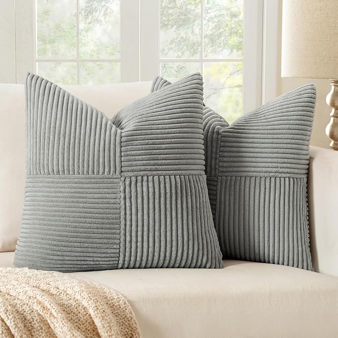 MIULEE Silver Grey Decorative Throw Pillow Covers for Couch 18x18 Inch | 2 Pack, Boho Farmhouse Pillow Covers, Soft Cross Corduroy Patchwork Textured Cushion Cases For Bed Sofa