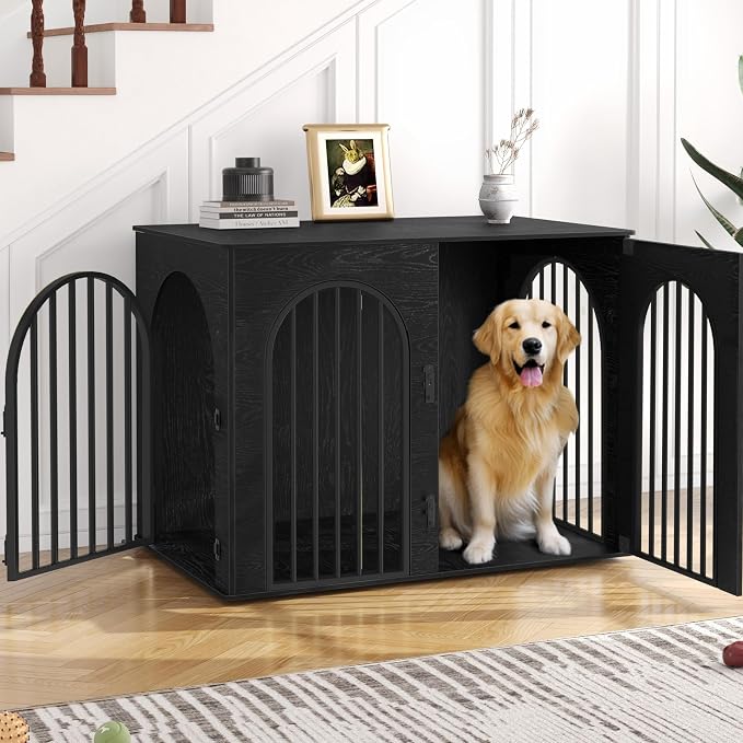 Hzuaneri 44.1'' Dog Crate Furniture,Dog Kennel Indoor for Medium/Large Dogs | Dog Kennel Furniture Wooden Dog Cage Heavy Duty Dog Crate Decorative Pet House End Side Table TV Stand,Black DFC83904B