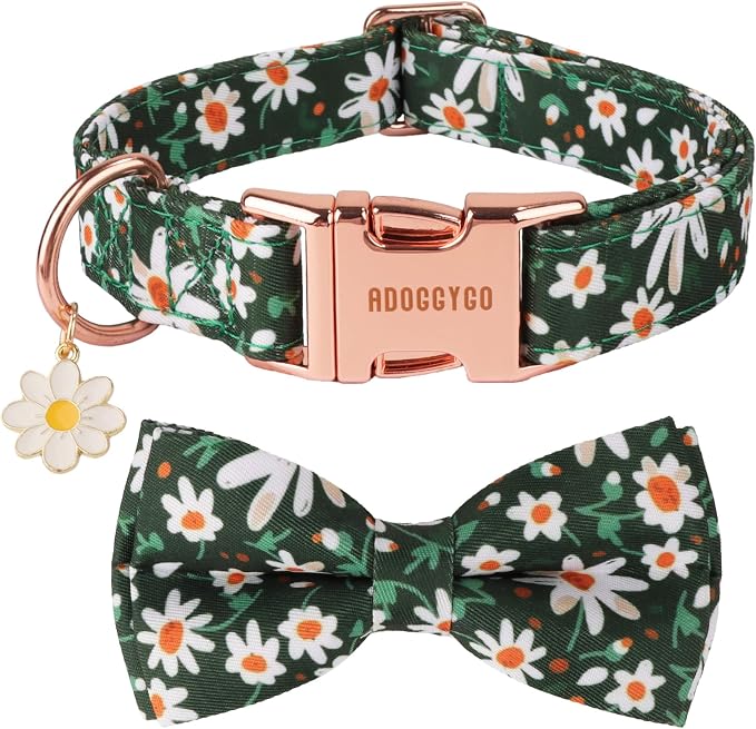 ADOGGYGO Floral Girl Dog Collar with Bow Tie, Cute Daisy Bowtie, Large