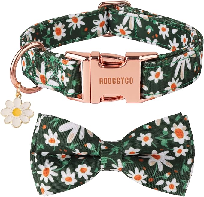 ADOGGYGO Floral Girl Dog Collar with Bow Tie, Cute Daisy Bowtie, X-Small