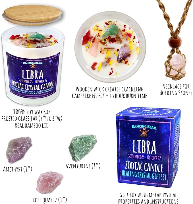DANCING BEAR Libra Zodiac Candle Gift Box Set with 3 Healing Crystals & Stone Holder Necklace, 100% Soy Scented Wax, Crackling Wood Wick, 45 Hour Burn Time