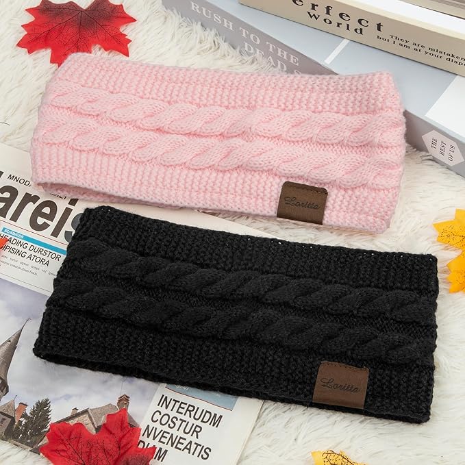 Loritta 2 Pack Headbands for Women Winter Warm Cable Knit Ear Warmer Thick Head Wrap Fuzzy Fleece Lined Gifts