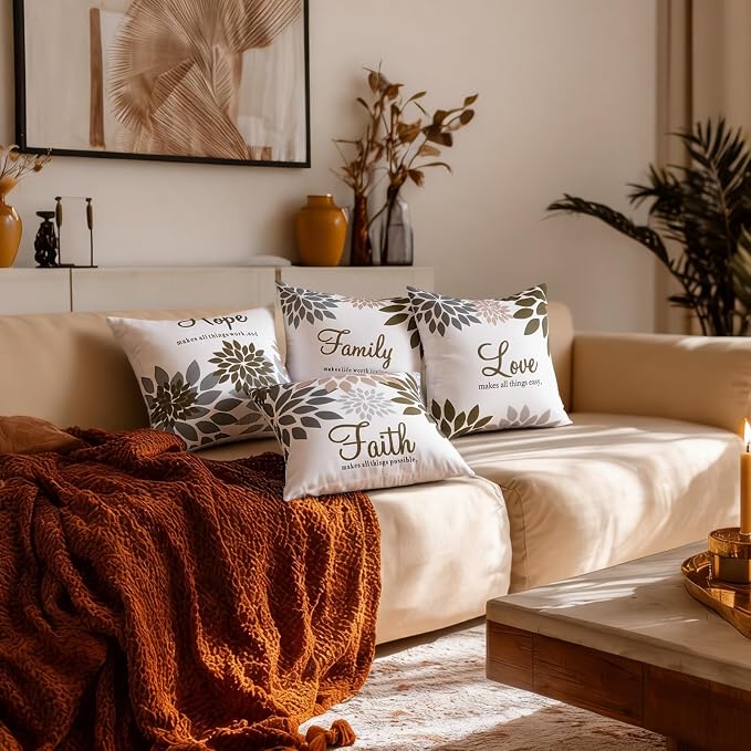 Tatuo 4 Pcs Flower Pillow Covers Square Summer Pillow Cushion Cases 18 x 18 Inch Family Faith Hope Love Words Decorative Spring Winter Cushion Case for Bed Couch Sofa Living Room(Dark Brown Series)