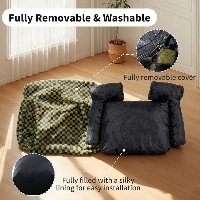 Faux Fur Cat & Dog Sofa Cat Couch Mini Cat Bed Indoor Human Style Pet Sofa, Modern Pet Furniture for Cats, Washable ＆ Removable Cover, for Cats and Small Medium Dogs (Black/Green, Large(30X21 inch))