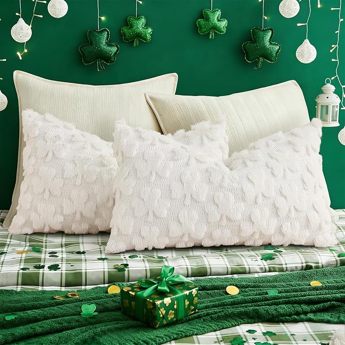 decorUhome Faux Fur Throw Shamrock Cream White Pillow Covers 12x20 Set of 2 | Plush Soft Wool St. Patrick’s Day Throw Pillow Covers, Accent Modern Farmhouse Pillow Covers Holiday Decor for Sofa Bed