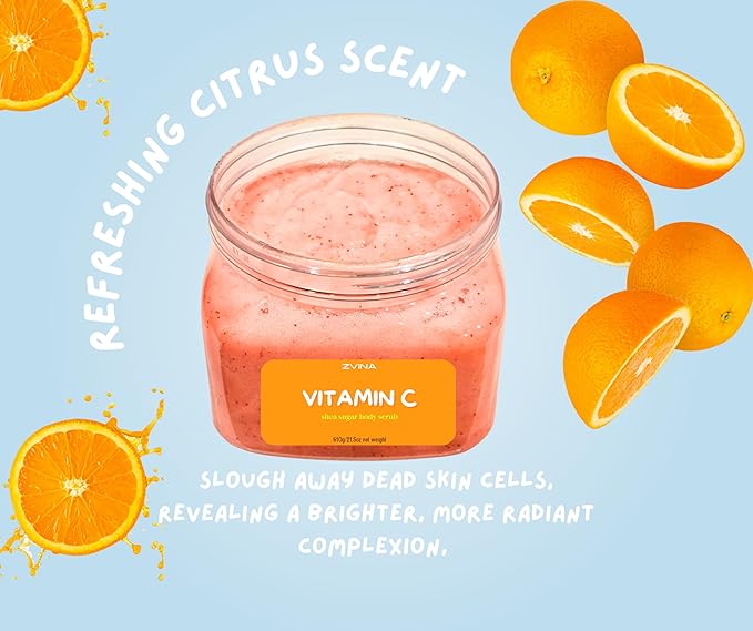 Shea Sugar Body Scub, Vitamin C Scent (21.5 oz) Exfoliating, Deeply Hydrate, Long lasting Moisturizer, Nourishing Skin