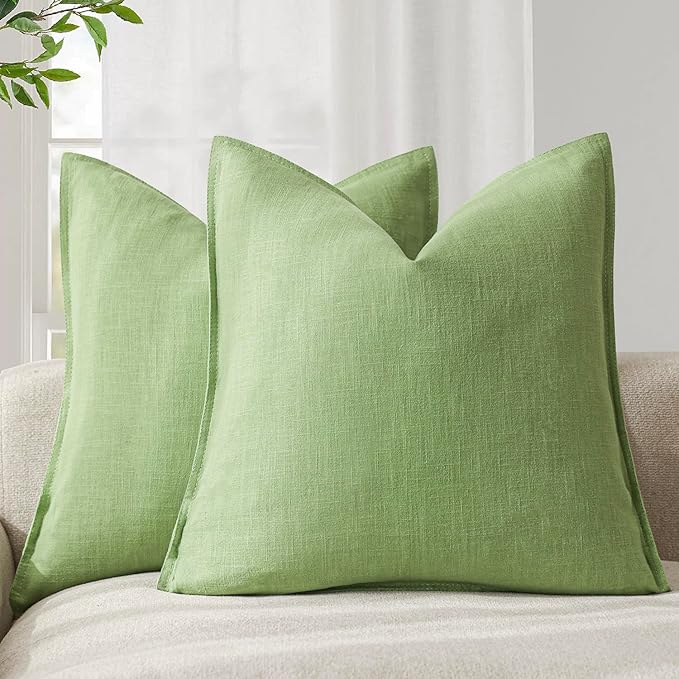 Foindtower Pack of 2, Decorative Linen Solid Throw Pillow Covers Soft Accent Euro Cushion Case Boho Farmhouse Pillowcase for Chair Couch Sofa Bedroom Living Room Home Decor 24 x 24 Inch Lime Green