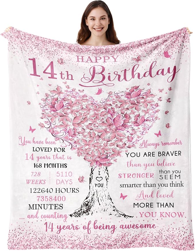 Gifts for 14 Year Old Girl, 14 Year Old Girl Gifts Birthday Blanket 40"X50", 14th Bday Decorations Soft Throw Blanket