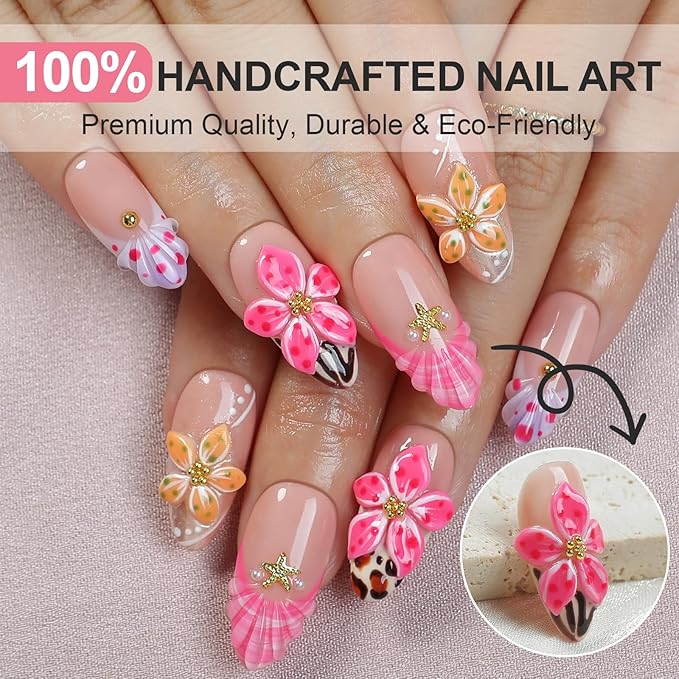 Handmade Press On Nails Almond, 3D Flowers Rhinestone Design, Salon Quality Reusable Fake Nails Short, Women's Gift Fall/Winter Collection, 10pcs Pink