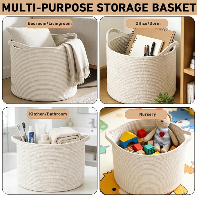 115L Extra Large Woven Cotton Rope Blanket Basket-White | Collapsible, reinforced handles, nursery storage bin organizes clothes, toys and pillows for living room, bedroom bathroom