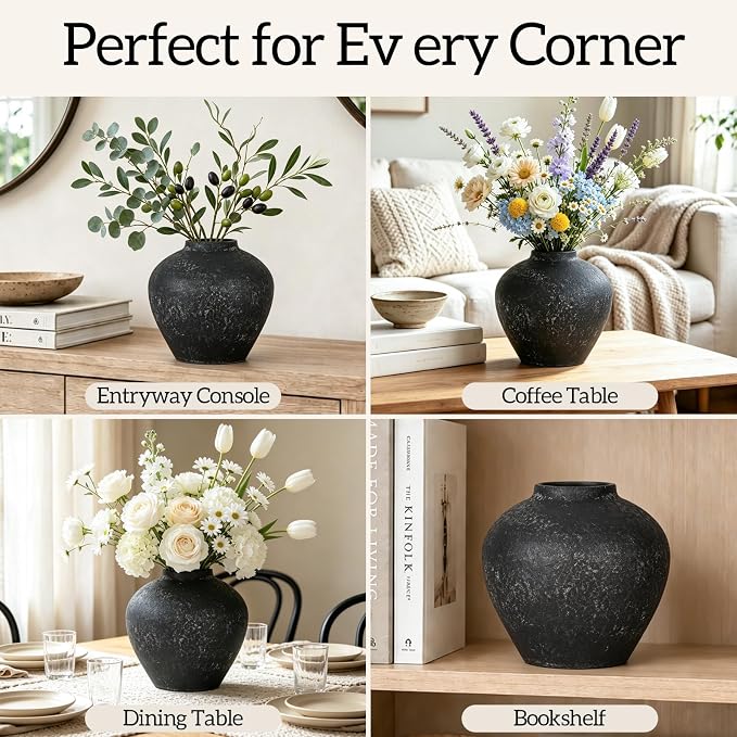 Ceramic Flower Vase Rustic Farmhouse Home Decor | 6.3 Inch Black Round Decorative Vase, Ideal Table Decor for Living Room, Wedding, Birthday Holiday