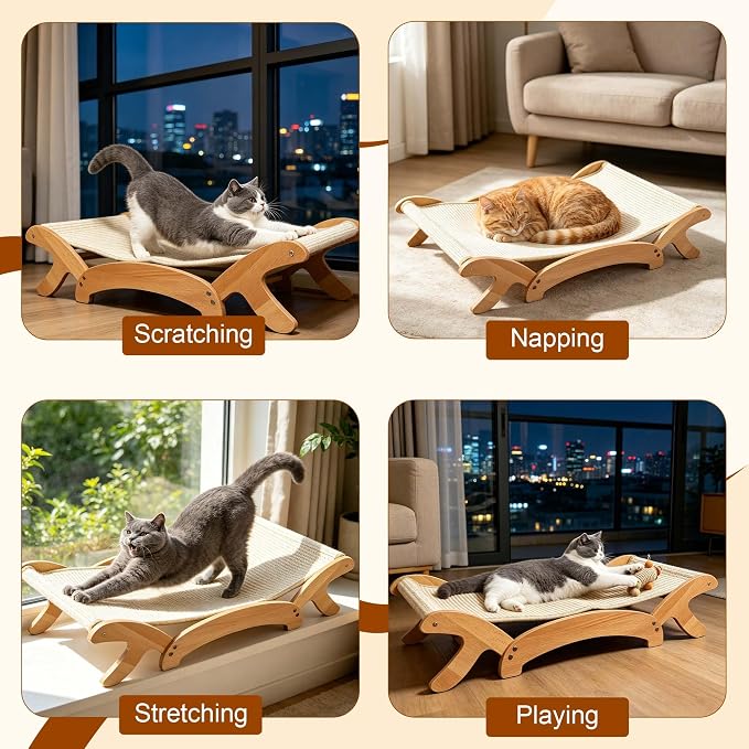 ANWA Cat Scratcher Bed for Indoor Cats, 26.4" Large Natural Sisal Scratchers for Cats with Solid Wood Frame, 2-in-1 Cat Scratch Pad Bed Combo, Cat Couch Lounger and Hammock, Easy Assembly