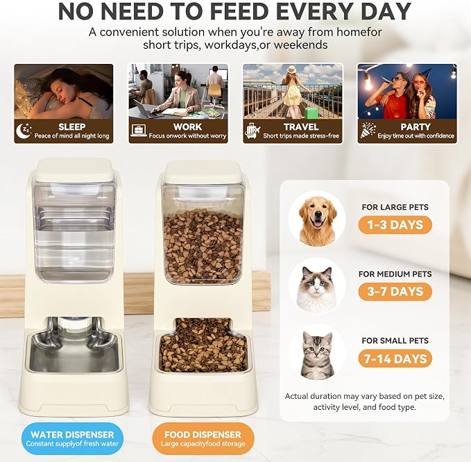 2 Pack Automatic Cat Feeder Stainless Steel Gravity Food and Water Dispenser for Small Medium Kitten Puppy Pets (Cream)