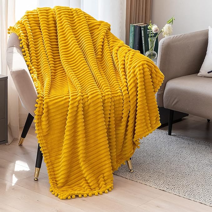 DISSA Fleece Blanket Throw Size – 51x63, Yellow Soft, Plush, Fluffy, Fuzzy, Warm, Cozy Perfect for Couch, Bed, Sofa - with Pompom Fringe Flannel