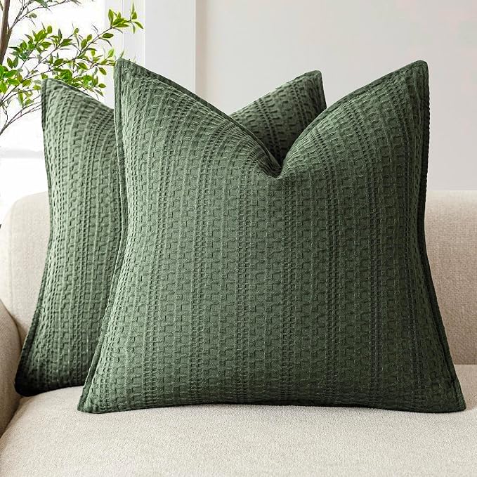 Foindtower Set of 2 Decorative Cotton Waffle Weave Throw Pillow Covers Euro Shams Cushion Covers Accent European Pillowcase for Bed Couch Sofa Bedroom Living Room Home Decor 20×20 Inch Dark Green