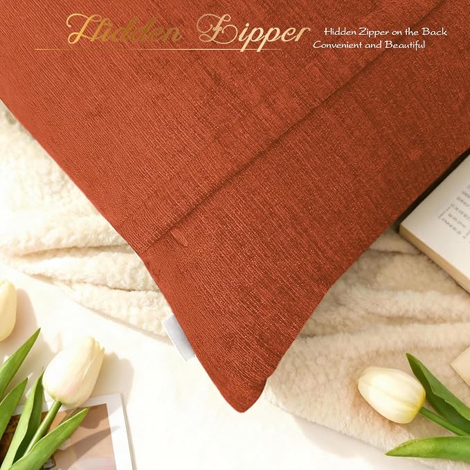BRAWARM Chenille Throw Pillow Covers 20x20 Inches, Burnt Orange, 2 Pack | Decorative Pleated Pillow Covers, Soft Cushion Cases for Sofa Bed Living Room Home Farmhouse (No Insert)