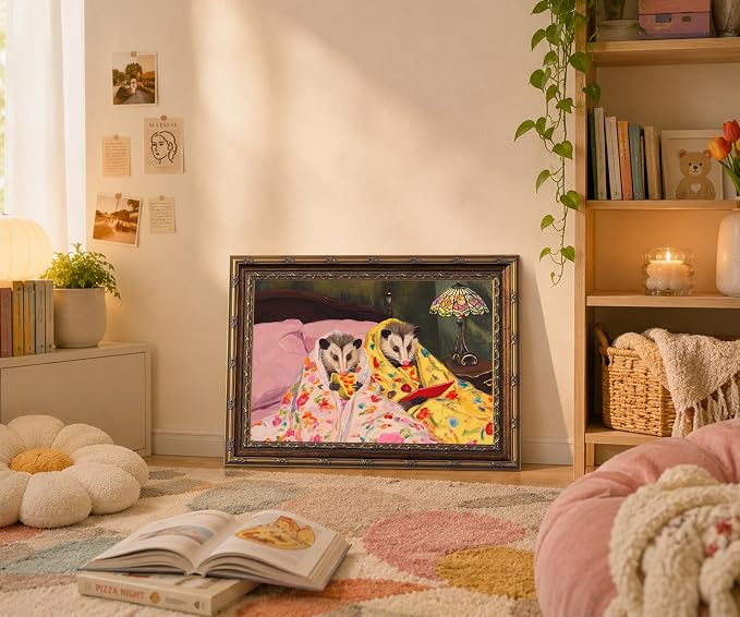 Gold Framed Funny Opossum gifts Wall Art Cute Possum Eating Pizza Print | Whimsical Cute Possum ,Vintage Animal Picture Wall Decor Canvas Painting for Living Room Bedroom Bathroom Office, 12x16 In