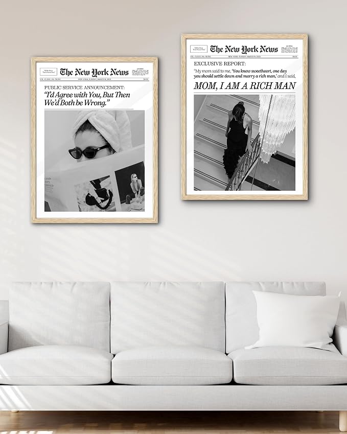 EcoHest 16x20 in Mom I Am a Rich Man Newspaper Framed Wall Art | Solid Oak Wood Frame with Canvas Wall Art, Girly Fashion Magazine Decor for Bedroom, Apartment, Dorm, College Room, 1Pack