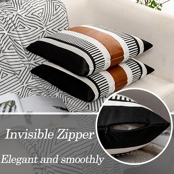 24x24 Boho Striped Pillow Cover with Faux Leather Accent, Black, 2 PC | Geometric printed cotton, vintage brown accent, black white reversible cushion case, farmhouse tribal floor sofa couch decor.