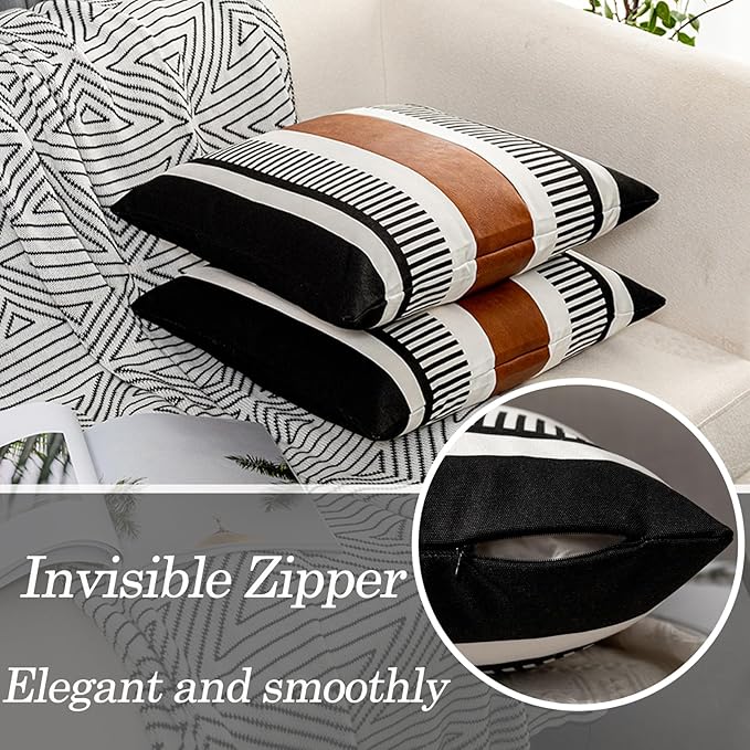 22x22 Boho Striped Pillow Cover with Faux Leather Accent, Black, 2 PC | Geometric printed cotton, vintage brown accent, black white reversible cushion case, farmhouse tribal sectional sofa decor.