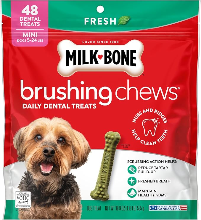 Milk-Bone Brushing Chews Fresh Mint Flavor Daily Dental Dog Treats, Mini, 18.9 Oz. Bag (Pack of 5)