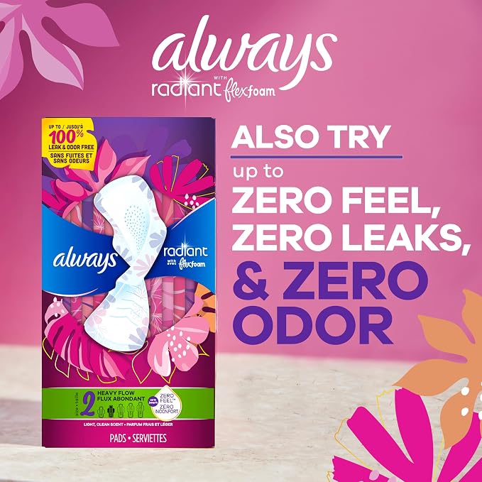 Always Infinity Feminine Pads for Women, Flexfoam Pads with Wings, Size 2, Heavy Absorbency, Unscented, 96 Count (Pack of 2)