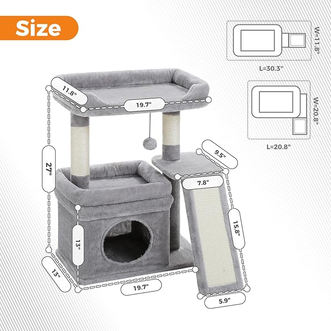 PEQULTI Cat Tree for Small Medium Cats, Gray Cat Tower for Indoor Cats | Gray aesthetic cat furniture with soft perch, private condo, natural sisal scratch post for indoor small medium kittens