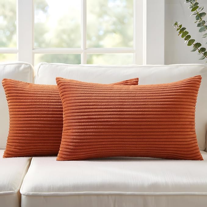 Mecatny Corduroy Fall Decorative Throw Pillow Covers 12x20 Set of 2 Rust | Soft Striped Texture, Hidden Zipper Design, Neutral Boho Lumbar Pillow Cases for Sofa Couch Living Room Bedroom, Home Décor