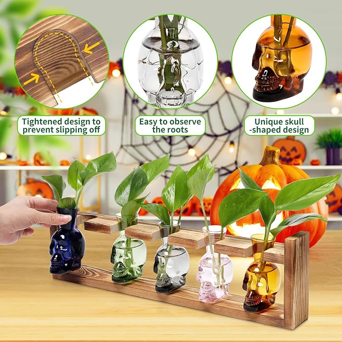 Plant Terrarium Propagation Stations Halloween Skull Planter Vase Skulls | decor With Wooden Stand Gife for Father - 5 Vases